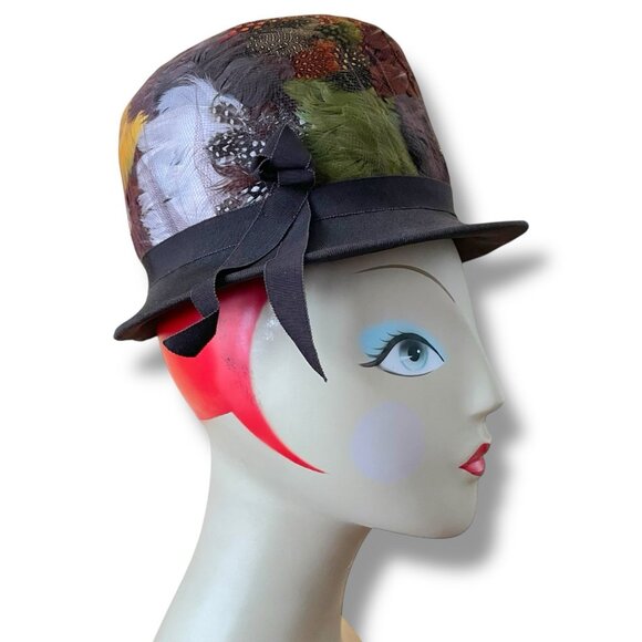 Vintage 1960s Womens Pheasant Feather Hat Angel Designs Brown Wool Dress Toque - Picture 13 of 16